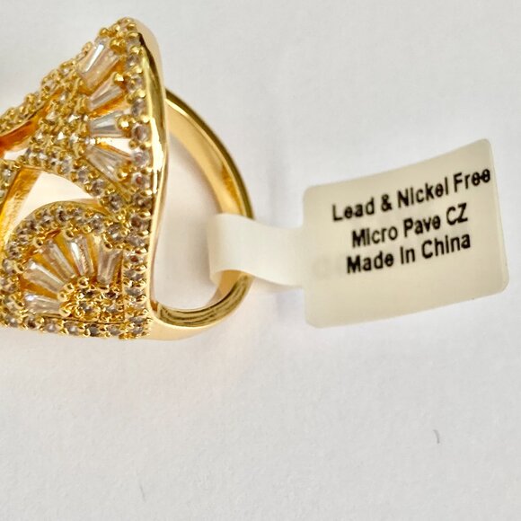 Art Deco Cubic Zirconia Cocktail Ring Yellow Gold Plated Size 7 8 9 Statement - Picture 13 of 15